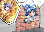  :p absurdres blue_hair bomberman brick_wall explosion hair_ornament hair_rings hair_stick hat highres kaku_seiga miyako_yoshika multiple_girls ofuda one_eye_closed paw_pose purple_hair shinapuu star tears through_wall tongue tongue_out touhou 