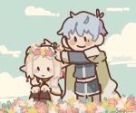  1boy 1girl blue_hair blue_sky blush_stickers capelet cloud dangle_earrings drop_earrings earrings elf field flower flower_field flower_wreath frieren hair_flower hair_ornament head_wreath highres himmel_(sousou_no_frieren) jewelry mole mole_under_eye outdoors pointy_ears short_hair sitting sky smile sousou_no_frieren standing starglowy white_capelet white_hair 