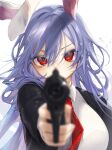  1girl aiming aiming_at_viewer animal_ears black_jacket covered_mouth gun highres holding holding_gun holding_weapon jacket long_hair long_sleeves looking_at_viewer mokokiyo_(asaddr) necktie open_clothes open_jacket purple_hair rabbit_ears red_eyes red_necktie reisen_udongein_inaba simple_background solo touhou upper_body weapon white_background 