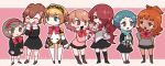  1boy 6+girls ^_^ aegis_(persona) amada_ken android black_skirt blonde_hair blue_hair bow bowtie brown_hair chibi closed_eyes crossdressing hair_ornament hair_over_one_eye highres kirijou_mitsuru long_hair magazine_(object) moriyama_natsuki mufksin multiple_girls open_mouth orange_hair pantyhose persona persona_3 persona_3_portable red_hair school_uniform shiomi_kotone short_hair simple_background skirt standing takeba_yukari white_pantyhose yamagishi_fuuka 