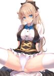  1girl blonde_hair blue_bow blue_bowtie blue_eyes bow bowtie breasts buttons commentary_request elf hair_bow kirishima_satoshi looking_at_viewer medium_breasts original panties pantyhose pointy_ears ponytail smile solo spread_legs underwear white_panties white_pantyhose 