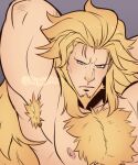  1boy arm_behind_head arm_up armpit_focus armpit_hair armpits bara blonde_hair blue_eyes body_fur frown guilty_gear large_pectorals leo_whitefang long_hair looking_at_viewer male_focus mature_male muscular muscular_male nipples nude pectorals presenting_armpit solo thick_chest_hair upper_body yaki_(taiyakipress) 