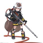  1girl @_@ animal_ears animal_hat arknights astg black_footwear black_gloves black_jacket boots brown_eyes brown_hair commentary_request fake_animal_ears fire_helmet firefighter_jacket full_body gloves hat highres holding jacket knee_pads long_sleeves open_mouth shaw_(arknights) simple_background solo squirrel_tail standing tail white_background white_headwear 