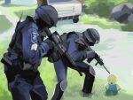  2boys black_gloves blue_pants blue_shirt bush doll english_commentary gloves goggles goggles_on_headwear grass gun helmet highres holding holding_gun holding_weapon knee_pads looking_down mask modercated motor_vehicle multiple_boys original pants police rock shirt truck weapon 