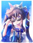  1girl :3 adjusting_eyewear anchor_ornament animal_ears bare_arms black-framed_eyewear blue_bow blue_bowtie blue_nails blue_ribbon blue_sky border bow bowtie brown_hair commentary_request ear_covers glasses hair_ribbon hand_on_eyewear hat highres horse_ears horse_girl horse_tail ittokyu long_hair looking_at_viewer multicolored_hair partial_commentary purple_eyes removing_eyewear ribbon shirt sidelocks single_ear_cover sky solo tail tongue tongue_out twintails twitter_username umamusume vivlos_(umamusume) white_border white_hair white_headwear white_shirt 