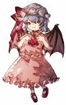  1girl aojirozame1228 ascot bat_wings dress frills hat highres mob_cap pointy_ears red_ascot red_eyes red_ribbon remilia_scarlet ribbon short_hair simple_background smile solo touhou white_background white_dress wings 