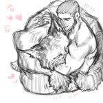  1boy affectionate animalization bara beard_stubble buzz_cut facial_hair fox golden_kamuy greyscale happy heart highres kasuke_(li_tgknk) male_focus mature_male monochrome muscular muscular_male ogata_hyakunosuke petting short_hair sketch stubble tail_around_waist tanigaki_genjirou thick_eyebrows topless_male translation_request very_short_hair 