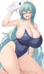  1girl :d ^_^ ahoge aqua_hair arm_up bandaid bare_arms bare_shoulders blue_archive blue_one-piece_swimsuit bottle breasts cleavage closed_eyes commentary covered_navel groin hair_intakes highres holding holding_bottle huge_breasts kneeling kuavera one-piece_swimsuit smile solo swimsuit thighs water_bottle yume_(blue_archive) 