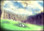  aircraft airplane black_hair claws cliff copyright_request day fantasy field horse kyan-dog mountain robe scenery sky space_craft water waterfall 