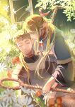  1boy 1girl absurdres armor blonde_hair blood_on_mouth blue_robe blurry braid breastplate choker closed_eyes commentary_request depth_of_field dungeon_meshi elf flower french_braid grass green_eyes highres holding holding_staff laios_thorden long_hair long_sleeves looking_at_another lying marcille_donato outdoors picture_frame pointy_ears red_choker robe short_hair sitting staff white_flower xiulai 