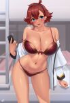  1girl bare_shoulders bed black_hairband blue_eyes blush bra breasts cellphone cleavage collarbone gundam gundam_suisei_no_majo hairband highres holding holding_phone kisaragi_tsurugi large_breasts long_sleeves looking_at_viewer navel off_shoulder panties parted_lips phone red_bra red_hair red_panties revision signature smartphone smile solo suletta_mercury thighs underwear 
