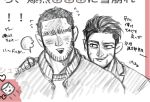  2boys bara beard_stubble buzz_cut couple cropped_torso evil_smile facial_hair golden_kamuy graphite_(medium) greyscale_with_colored_background grin hand_on_another&#039;s_shoulder kasuke_(li_tgknk) loose_hair_strand male_focus mature_male multiple_boys no_eyes ogata_hyakunosuke short_hair sketch smile stubble surprised tanigaki_genjirou thick_eyebrows traditional_media translation_request very_short_hair yaoi 