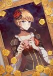  1girl anri_mike beatrice_(umineko) black_dress blonde_hair blue_eyes bow bowtie dress flower hair_flower hair_ornament highres looking_at_viewer open_mouth picture_frame pink_bow pink_bowtie red_flower solo umineko_no_naku_koro_ni yellow_flower 