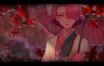  1girl absurdres autumn_leaves black_kimono blurry blurry_background bungou_stray_dogs closed_mouth commentary eyeshadow falling_leaves hair_ornament hair_over_one_eye hair_stick haori highres holding holding_umbrella japanese_clothes kaibab kimono leaf letterboxed lips lipstick long_sleeves looking_at_viewer makeup maple_leaf oil-paper_umbrella one_eye_covered ozaki_kouyou_(bungou_stray_dogs) pink_kimono rain red_eyes red_eyeshadow red_hair red_lips red_umbrella short_hair smile solo two-tone_kimono umbrella upper_body white_haori 