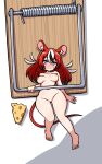 1girl animal_ear_fluff animal_ears black_hair blush breasts cheese cleft_of_venus commentary completely_nude english_commentary flying_sweatdrops food from_above full_body hair_down hakos_baelz highres hololive hololive_english ink_(inksgirls) medium_breasts mini_person minigirl mouse_ears mouse_girl mouse_tail mousetrap multicolored_hair nipples nude pussy red_hair smile solo streaked_hair sweatdrop tail white_hair wide_hips 