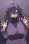  1girl ahoge breasts dress hair_between_eyes hex_maniac_(pokemon) highres huge_breasts long_hair looking_at_viewer open_mouth paw_pose pokemon pokemon_xy purple_dress purple_eyes purple_hair purple_nails simple_background solo standing yzr_(yzr99) 