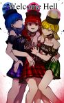  absurdres bare_shoulders black_shirt blonde_hair blue_eyes blue_hair choker clothes_writing collar collarbone english_text feet_out_of_frame frilled_skirt frills green_skirt hand_on_another&#039;s_hip hand_on_another&#039;s_shoulder hand_on_own_hip hecatia_lapislazuli hecatia_lapislazuli_(earth) hecatia_lapislazuli_(moon) highres hug ichirugi medium_hair miniskirt open_mouth plaid plaid_skirt print_shirt purple_skirt red_eyes red_hair shirt skirt t-shirt teeth touhou upper_teeth_only white_background yellow_eyes 