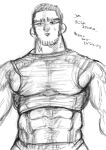 1boy abs absurdres anger_vein bara beard_stubble buzz_cut cowboy_shot cropped_shirt facial_hair golden_kamuy graphite_(medium) greyscale highres kasuke_(li_tgknk) male_focus mature_male midriff monochrome muscular muscular_male navel pectorals short_hair sidepec sketch solo sparse_navel_hair stubble sweatdrop tanigaki_genjirou thick_eyebrows thick_neck traditional_media translation_request undersized_clothes very_short_hair 