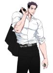  1boy :p balnom bara belt collared_shirt cowboy_shot looking_to_the_side male_focus multicolored_hair muscular muscular_male original purple_hair shirt short_hair solo standing tachi-e thick_eyebrows tongue tongue_out two-tone_hair 