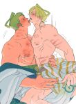  2boys bara bare_pectorals blonde_hair blush clothed_sex couple curly_eyebrows eye_contact facial_hair from_side goatee hair_over_one_eye hickey highres implied_sex japanese_clothes kimono large_hands large_pectorals licking licking_another&#039;s_face looking_at_another male_focus multiple_boys muscular muscular_male nipples official_alternate_costume official_alternate_hairstyle one_piece pectorals profile saliva sanji_(one_piece) short_hair sitting sitting_on_lap sitting_on_person speed_lines sweat sweetdou3 toned toned_male tongue tongue_out topknot very_sweaty white_kimono yaoi yellow_kimono 