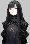  1girl absurdres black_dress black_hair breasts brown_eyes closed_mouth dress girls&#039;_frontline grey_background hair_ornament highres long_hair looking_down nyto_(girls&#039;_frontline) paradeus rampart1028 simple_background small_breasts solo tagme upper_body 