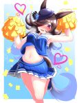  1girl absurdres animal_ears armpits bare_legs blue_background blue_flower blue_headwear blue_rose blue_skirt blush bouncing_breasts breasts brown_hair cheering cheerleader confetti crop_top flower hair_over_one_eye hat hat_flower heart highres holding holding_pom_poms horse_ears horse_girl horse_tail lev_(levls333) light_blue_background long_hair looking_at_viewer medium_breasts midriff miniskirt navel pleated_skirt pom_pom_(cheerleading) purple_eyes rice_shower_(umamusume) rose shoes skirt smile sneakers tail tilted_headwear umamusume 