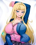  1girl arm_behind_head artist_name black_skirt blonde_hair blue_eyes blue_jacket blush breasts cardigan cleavage collarbone cowlick dakimakura_(medium) dosanko_gyaru_wa_namaramenkoi english_commentary fuyuki_minami jacket large_breasts long_hair looking_at_viewer lying mitgard-knight mixed-language_commentary on_bed open_mouth pink_cardigan red_ribbon ribbon skirt sleeves_past_wrists smile solo very_long_hair watermark 