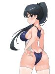  1girl absurdres ass black_hair black_one-piece_swimsuit competition_swimsuit from_behind highleg highleg_swimsuit highres houshou_(kancolle) kantai_collection kinakomochi_(testament05) long_hair looking_at_viewer looking_back multicolored_clothes multicolored_swimsuit one-piece_swimsuit ponytail simple_background solo swimsuit thighhighs white_background white_thighhighs 
