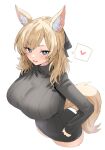  1girl alternate_costume animal_ear_fluff arknights black_sweater blue_eyes breasts commentary_request from_above hand_on_own_hip heart highres horn/wood large_breasts long_sleeves medium_hair parted_bangs ribbed_sweater simple_background solo spoken_heart sweater tail upper_body whislash_(arknights) white_background 