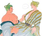  2boys bara bare_pectorals blonde_hair couple curly_eyebrows eye_contact facial_hair from_side goatee green_hair hair_over_one_eye highres japanese_clothes kimono large_hands large_pectorals looking_at_another male_focus multiple_boys muscular muscular_male nipples official_alternate_costume official_alternate_hairstyle one_piece pectorals profile roronoa_zoro sanji_(one_piece) scar scar_across_eye short_hair sitting sitting_on_lap sitting_on_person sweetdou3 topknot white_kimono yaoi yellow_kimono 