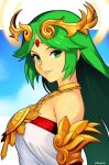  1girl breasts commentary dress english_commentary green_eyes green_hair highres kid_icarus kid_icarus_uprising long_hair looking_at_viewer palutena smgold solo strapless strapless_dress white_dress 