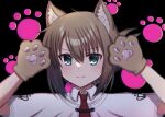  &gt;:) 1girl animal_ear_fluff animal_ears animal_hands aqua_eyes arms_up blush brown_hair capelet cat_ears close-up closed_mouth commentary_request folded_ponytail gloves hair_between_eyes highres kemonomimi_mode looking_at_viewer mahigu_re medium_hair necktie paw_gloves paw_print red_necktie school_uniform simple_background smile smug solo split_mouth subarashiki_hibi tachibana_kimika tsurime v-shaped_eyebrows white_background white_capelet 