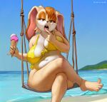  1girl alternate_costume animal_nose anklet beach bikini blue_sky body_fur breasts brown_eyes brown_eyeshadow brown_fur covered_nipples day food furry furry_female highres holding holding_food holding_ice_cream huge_breasts ice_cream ice_cream_cone jewelry looking_at_viewer navel ocean outdoors plump rabbit_girl sagging_breasts sand sky solo sonic_(series) swimsuit tongue tongue_out totesfleisch8 vanilla_the_rabbit water white_fur yellow_bikini 