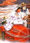  1girl blue_eyes bride dark_skin dress earrings fushigi_no_umi_no_nadia glasses ground_vehicle highres jean_coq_de_raltigue jewelry juliet_sleeves long_sleeves motor_vehicle motorcycle nadia puffy_sleeves sadamoto_yoshiyuki scan sidecar wedding wedding_dress 