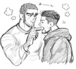  2boys bara beard_stubble buzz_cut couple cropped_torso facial_hair feeding flower_(symbol) golden_kamuy greyscale happy_aura holding holding_spoon hood hoodie kasuke_(li_tgknk) loose_hair_strand male_focus mature_male monochrome multiple_boys muscular muscular_male ogata_hyakunosuke open_mouth short_hair sketch smile spoon stubble tanigaki_genjirou thick_eyebrows translation_request very_short_hair yaoi 