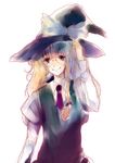  adapted_costume bespectacled blonde_hair glasses hand_on_headwear kirisame_marisa long_sleeves looking_at_viewer necktie nokishita puffy_sleeves sketch solo touhou vest 