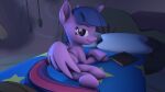 16:9 3d_(artwork) 4k absurd_res bed bedroom book covering covering_crotch digital_media_(artwork) equid equine female feral friendship_is_magic furniture hasbro hi_res horn horse looking_at_viewer mammal mischievous_smile my_little_pony pony purple_body relaxing solo source_filmmaker stuffguy123 teasing teasing_viewer twilight_sparkle_(mlp) widescreen winged_unicorn wings