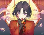  1boy androgynous bell black_gloves black_hair closed_mouth earrings finger_cots flower_knot gloves highres jewelry jingle_bell lattice long_sleeves looking_at_viewer lumeru_33 male_focus neck_bell nil_admirari_no_tenbin purple_eyes rei_sekka short_hair slit_pupils smile solo upper_body 