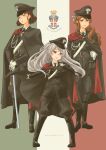  3girls alternate_costume black_cape black_footwear black_jacket black_necktie black_pants brown_eyes brown_hair cape conte_di_cavour_(kancolle) emblem eyewear_strap flag_background full_body grey_hair hair_over_shoulder hat highres italian_flag jacket kantai_collection littorio_(kancolle) long_hair long_sleeves military_hat military_jacket military_uniform multiple_girls necktie pants peaked_cap pince-nez pot-de roma_(kancolle) sash short_hair standing sword twitter_username two_side_up uniform weapon 