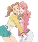  bad_id bad_pixiv_id blush brown_hair celestial_being_uniform drill_hair feldt_grace gloves green_eyes gundam gundam_00 jacket long_hair lowres mileina_vashti multiple_girls pink_hair saida_nika skirt smile twintails 