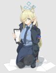  1girl absurdres adjusting_hair animal_ear_fluff animal_ears black_jacket blonde_hair blue_archive blue_eyes blue_necktie blue_shirt breasts clipboard collared_shirt commentary_request dropped_object extra_ears fox_ears full_body grey_background hair_between_eyes hair_over_one_eye halo highres holding holding_clipboard jacket kanna_(blue_archive) kneeling large_breasts long_hair long_sleeves looking_at_viewer necktie open_clothes open_jacket pantyhose parted_lips pencil_skirt shadow shirt simple_background skirt solo soutou_nagi sweatdrop uniform very_long_hair 