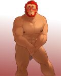  1boy abs bara beard blush commentary corrupted_twitter_file covering_crotch covering_privates dark-skinned_male dark_skin english_commentary facial_hair fate/zero fate_(series) feet_out_of_frame full_beard gradient_background highres iskandar_(fate) large_pectorals looking_at_viewer male_focus mature_male muscular muscular_male nipples nude_cover pectorals red_eyes red_hair rick_penman short_hair shy solo standing thick_beard thick_eyebrows thick_thighs thighs 