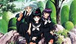  90s artist_request black_eyes black_hair black_serafuku black_skirt masaki_achika masaki_aeka_jurai multiple_girls purple_hair red_eyes ryouko_(tenchi_muyou!) school_uniform serafuku silver_hair skirt spiked_hair tenchi_muyou! tenchi_muyou!_in_love tree 