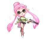  1girl beanie black_eyes black_shorts cross-laced_footwear full_body green_shirt gun hat highres holding holding_gun holding_weapon ink_tank_(splatoon) inkling_girl inkling_player_character long_hair n-zap_(splatoon) open_mouth pink_hair pink_headwear pink_trim pointy_ears red_footwear shirt shoes short_shorts shorts simple_background solo spl8ya splatoon_(series) splatoon_3 standing standing_on_one_leg teeth tentacle_hair weapon white_background 