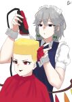  2girls apron barber barber_cape blonde_hair blue_eyes choso_giving_toudou_a_haircut_(meme) cowboy_shot cutting_hair fade_(haircut) fang flandre_scarlet grey_hair highres izayoi_sakuya long_hair maid maid_apron maid_headdress meme multiple_girls omikami open_mouth red_eyes red_ribbon ribbon short_hair simple_background touhou white_background 