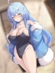  1girl ahoge alternate_costume ayagi_daifuku bare_shoulders black_one-piece_swimsuit blue_hair blue_jacket blurry blurry_background blush breasts cleavage closed_mouth commentary_request elf fur-trimmed_jacket fur-trimmed_sleeves fur_trim heart heart_ahoge highleg highleg_swimsuit highres hololive huge_breasts jacket long_sleeves nose_blush one-piece_swimsuit pointy_ears solo swimsuit virtual_youtuber yellow_eyes yukihana_lamy 