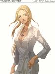  blonde_hair breasts chou_shittou_caduceus cleavage cynthia_kazakov doi_masayuki dress earrings hand_on_hip jewelry long_hair medium_breasts necklace official_art silver_eyes solo white_dress 