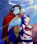  adiane bad_id bad_pixiv_id bikini_top blue_hair breasts cape cleavage cosplay eyepatch goggles goggles_on_head guame hair_ornament kamina kamina_(cosplay) kiseru lipstick makeup medium_breasts pipe pipe_in_mouth ponytail shorts simon simon_(cosplay) tattoo tengen_toppa_gurren_lagann thymilph yoko_littner yoko_littner_(cosplay) 