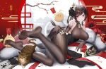  1girl ^_^ ahoge azur_lane bare_shoulders black_dress black_flower black_pantyhose black_rose bodystocking bodysuit brown_hair cat chen_hai_(azur_lane) chen_hai_(vestibule_of_wonders)_(azur_lane) china_dress chinese_clothes chinese_new_year closed_eyes dress elbow_gloves feather_boa fh_moya flower gloves hair_ornament hand_on_own_hip lace-trimmed_gloves lace_trim lying manjuu_(azur_lane) no_shoes official_alternate_costume on_side pantyhose pelvic_curtain rose sleeveless sleeveless_bodysuit soles taut_clothes taut_dress tight_clothes tight_dress 