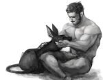  1boy affectionate animal bara beard_stubble buzz_cut chest_hair dog facial_hair from_side full_body golden_kamuy greyscale happy highres kasuke_(li_tgknk) male_focus mature_male monochrome muscular muscular_male pants petting short_hair sitting sketch solo stubble tanigaki_genjirou thick_eyebrows topless_male very_short_hair 